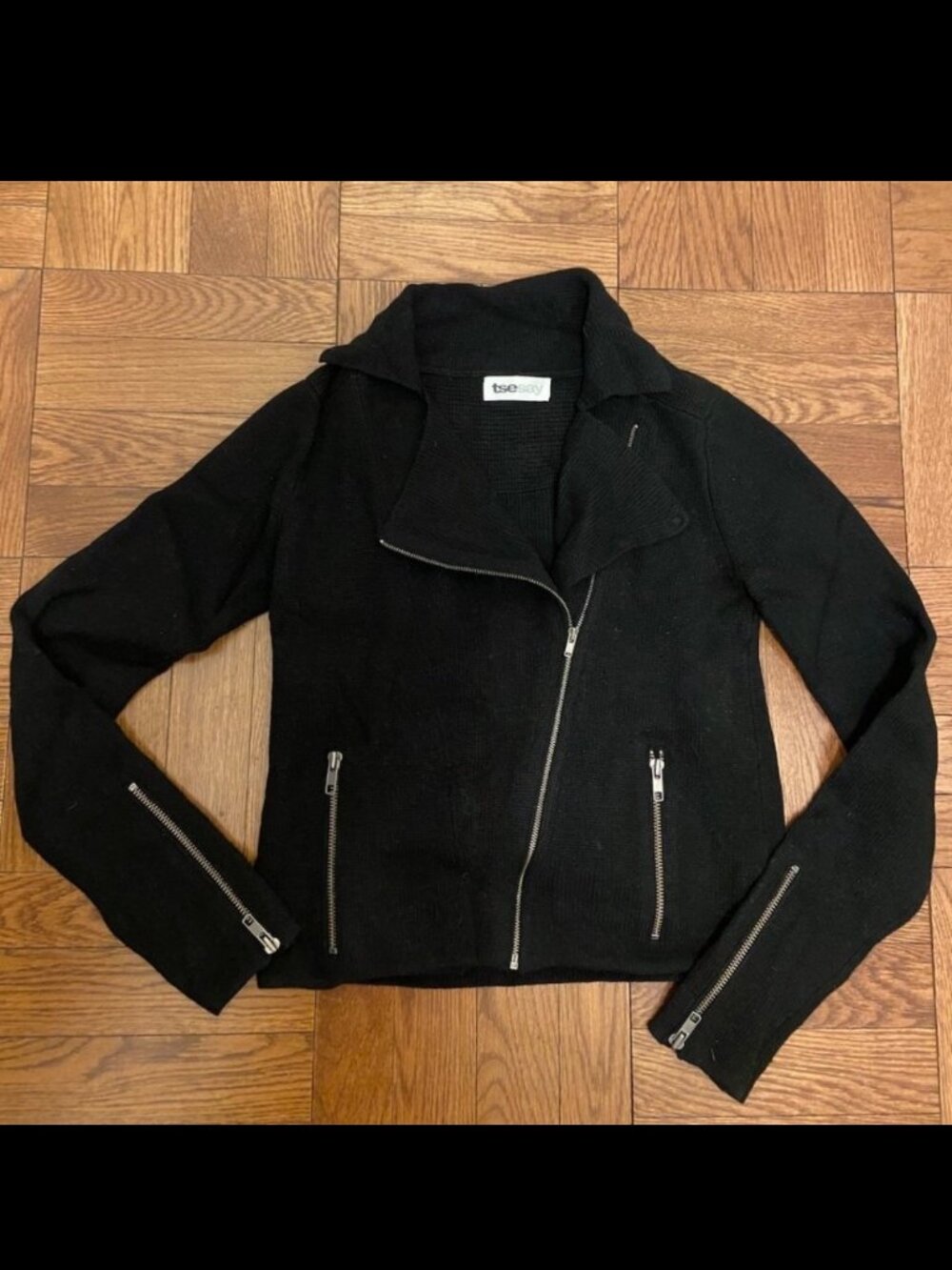 Tsesay Black Moto Sweater Jacket Zip Front Wool Blend XS